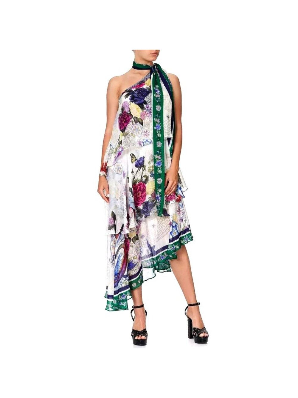 CAMILLA Gentle Moon Asymmetrical Neck Tie Silk Dress Crystal Size S